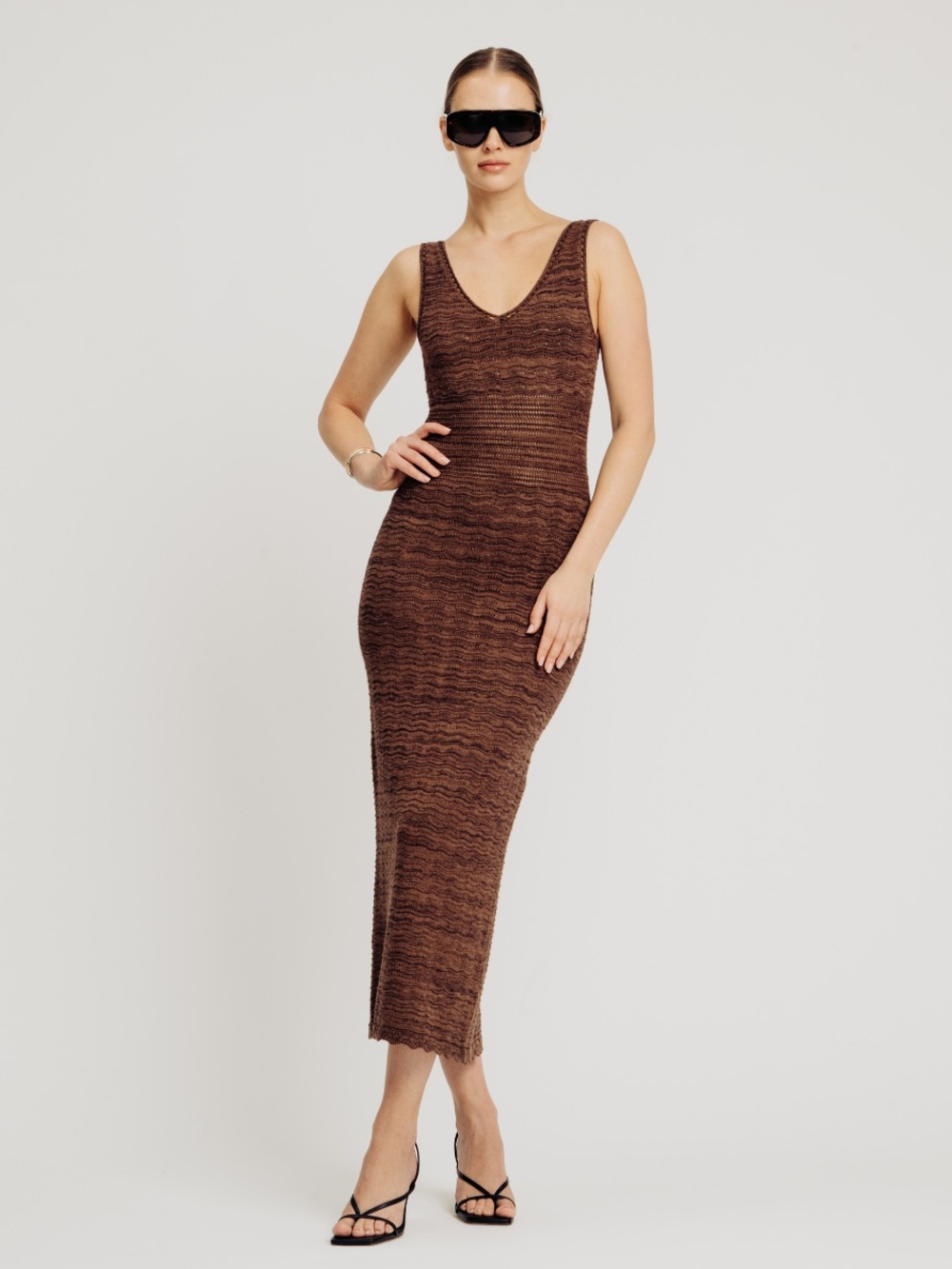TORN BY RONNY KOBO Chocolate Brown Knit Maxi Dress Quiet Luxury Resort Euro Chic